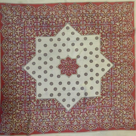 Golden Camel Silk Scarf Paisley Gray Rust Lavender Green Large Square Hand Print - Picture 2 of 6